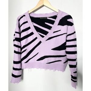 Brooklyn Karma Lavender Black Distressed Boxy Fit Crop Knit Sweater Chest 40"
